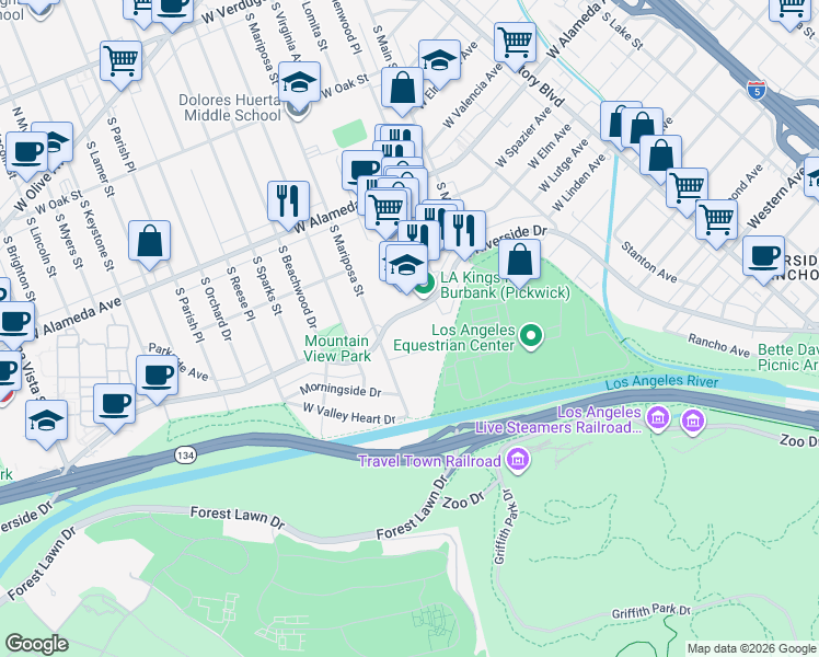 map of restaurants, bars, coffee shops, grocery stores, and more near 1200 West Riverside Drive in Burbank