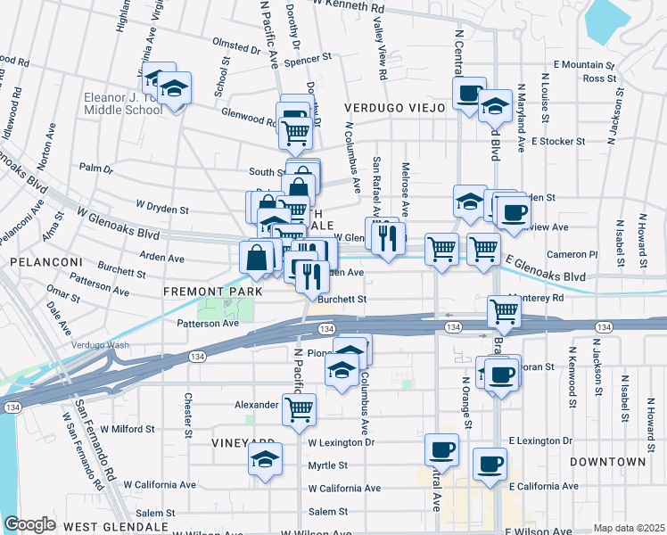 map of restaurants, bars, coffee shops, grocery stores, and more near 431 Burchett Street in Glendale