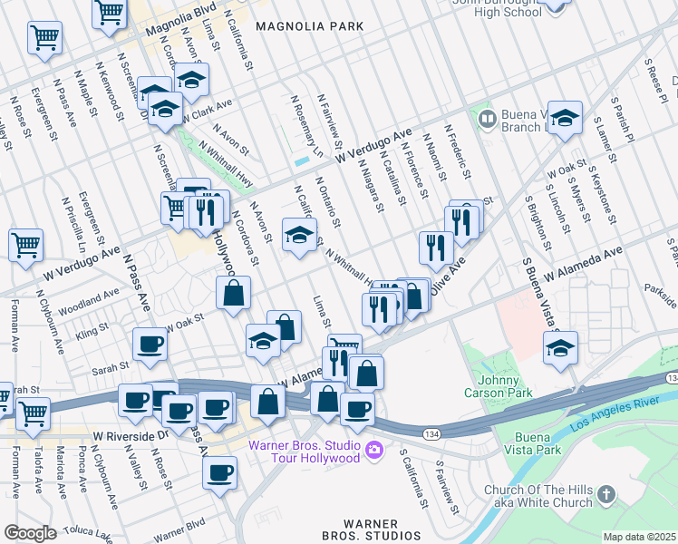 map of restaurants, bars, coffee shops, grocery stores, and more near 251 North Whitnall Highway in Burbank