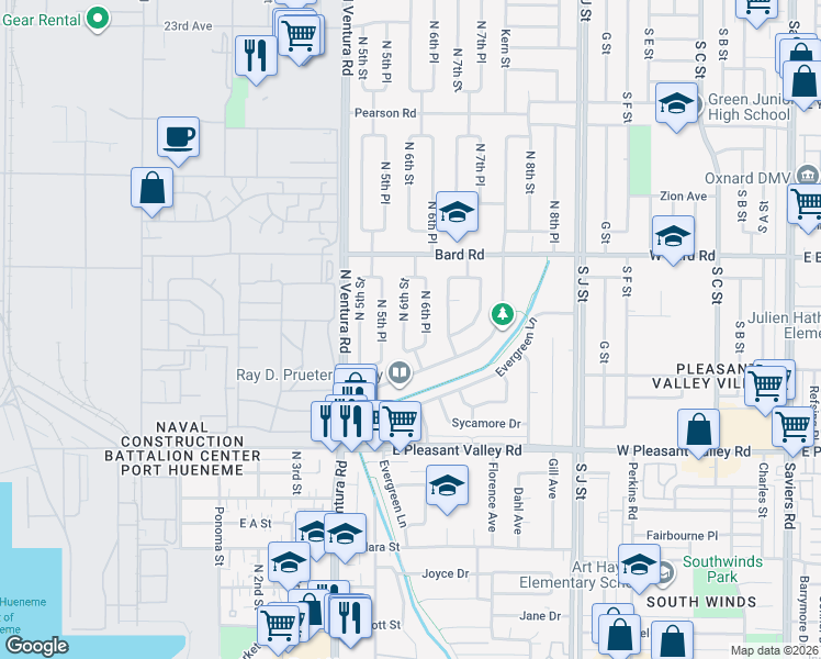 map of restaurants, bars, coffee shops, grocery stores, and more near 1124 North 6th Street in Port Hueneme