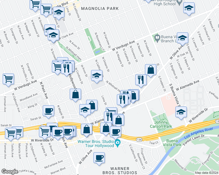 map of restaurants, bars, coffee shops, grocery stores, and more near 251 North Whitnall Highway in Burbank