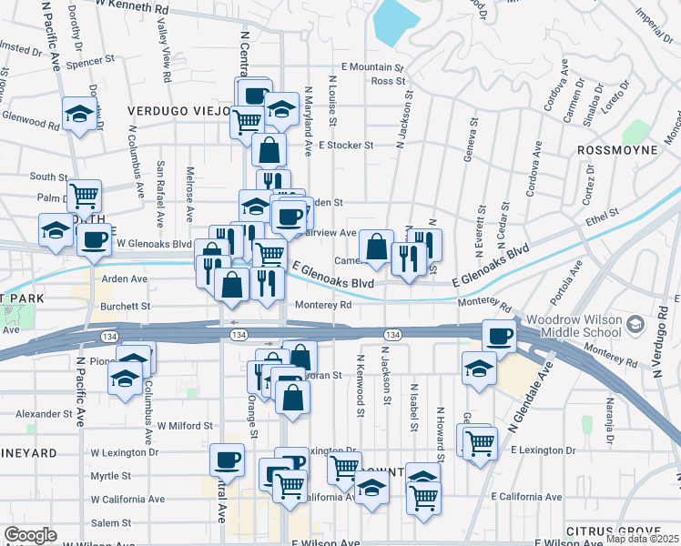 map of restaurants, bars, coffee shops, grocery stores, and more near 908 North Louise Street in Glendale
