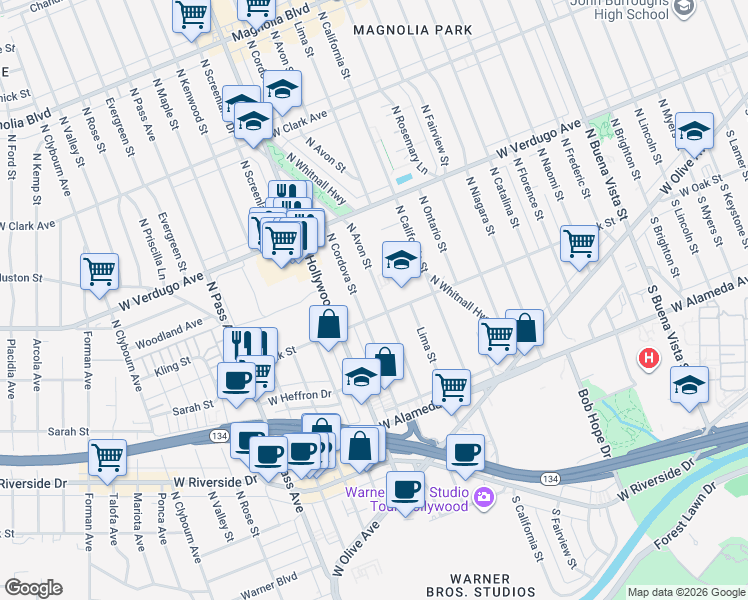 map of restaurants, bars, coffee shops, grocery stores, and more near 401 North Cordova Street in Burbank