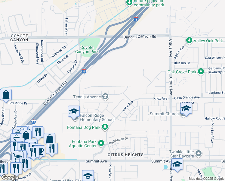 map of restaurants, bars, coffee shops, grocery stores, and more near 5242 Hayes Court in Fontana