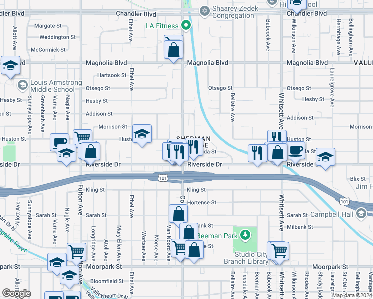 map of restaurants, bars, coffee shops, grocery stores, and more near 4832 Coldwater Canyon Avenue in Los Angeles