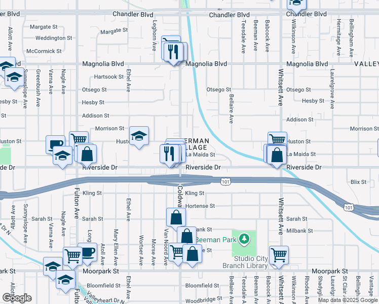 map of restaurants, bars, coffee shops, grocery stores, and more near 12837 Riverside Drive in Los Angeles