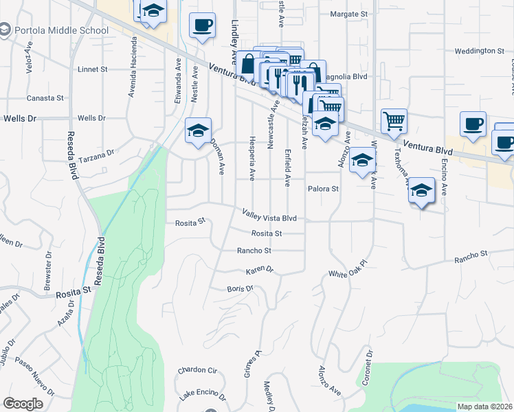 map of restaurants, bars, coffee shops, grocery stores, and more near 4914 Hesperia Avenue in Los Angeles