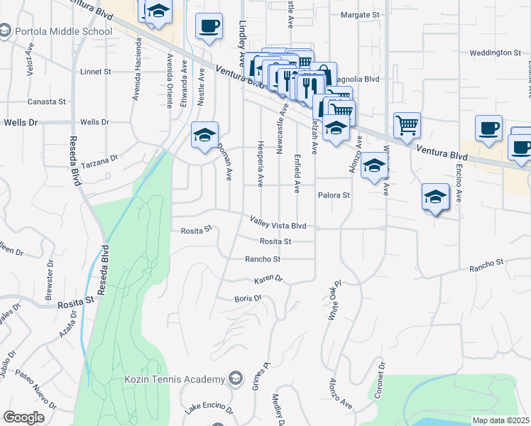 map of restaurants, bars, coffee shops, grocery stores, and more near 18010 Valley Vista Boulevard in Los Angeles