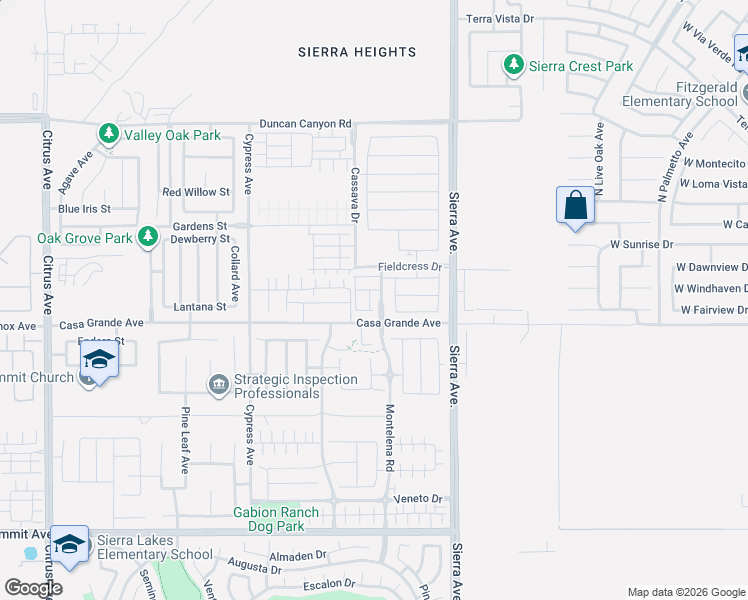 map of restaurants, bars, coffee shops, grocery stores, and more near 5253 Wildflower Lane in Fontana