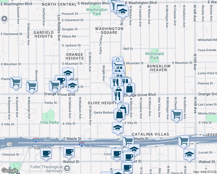map of restaurants, bars, coffee shops, grocery stores, and more near 795 East Orange Grove Boulevard in Pasadena