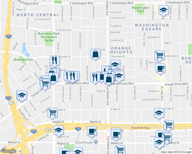 map of restaurants, bars, coffee shops, grocery stores, and more near 373 East Orange Grove Boulevard in Pasadena