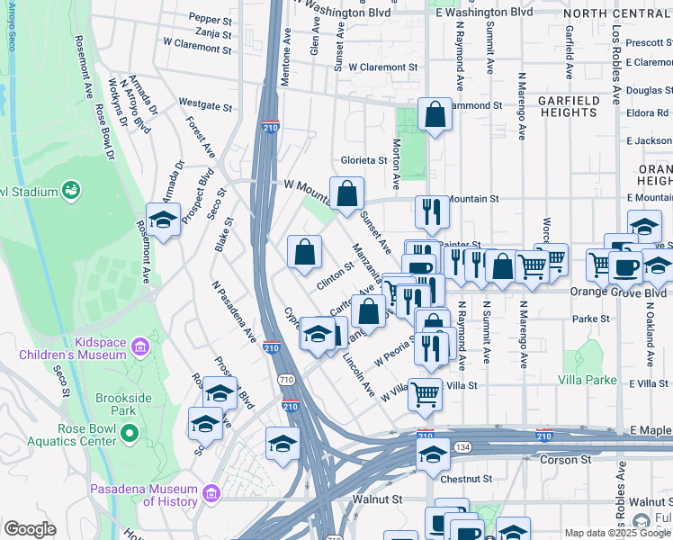 map of restaurants, bars, coffee shops, grocery stores, and more near 224 Clinton Street in Pasadena