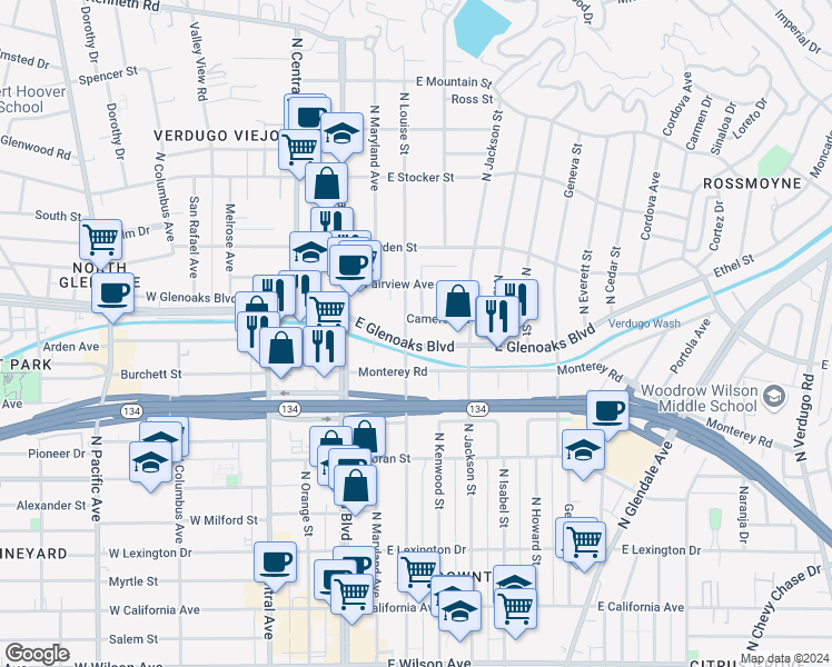 map of restaurants, bars, coffee shops, grocery stores, and more near 333 Monterey Road in Glendale