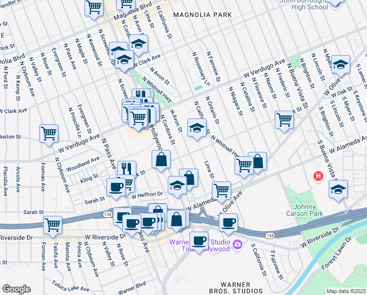 map of restaurants, bars, coffee shops, grocery stores, and more near 401 North Cordova Street in Burbank