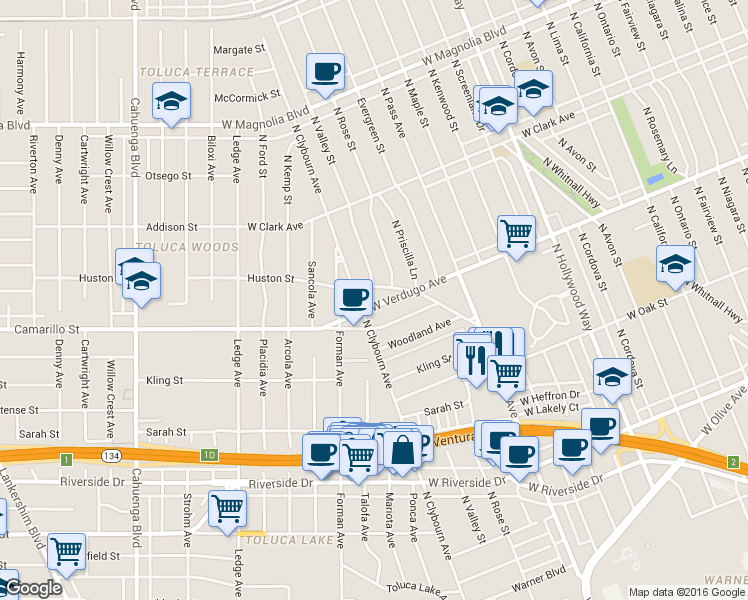 map of restaurants, bars, coffee shops, grocery stores, and more near 4416 West Verdugo Avenue in Burbank