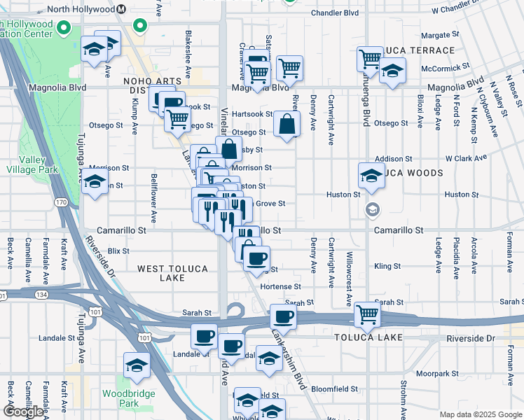 map of restaurants, bars, coffee shops, grocery stores, and more near 4806 Cleon Avenue in Los Angeles