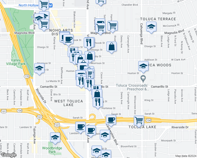 map of restaurants, bars, coffee shops, grocery stores, and more near 4806 Cleon Avenue in Los Angeles