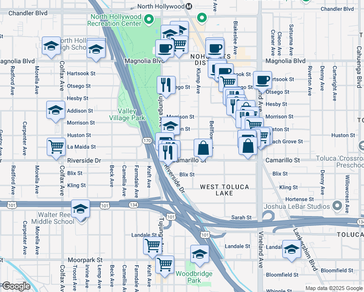 map of restaurants, bars, coffee shops, grocery stores, and more near 11273 Camarillo Street in Los Angeles