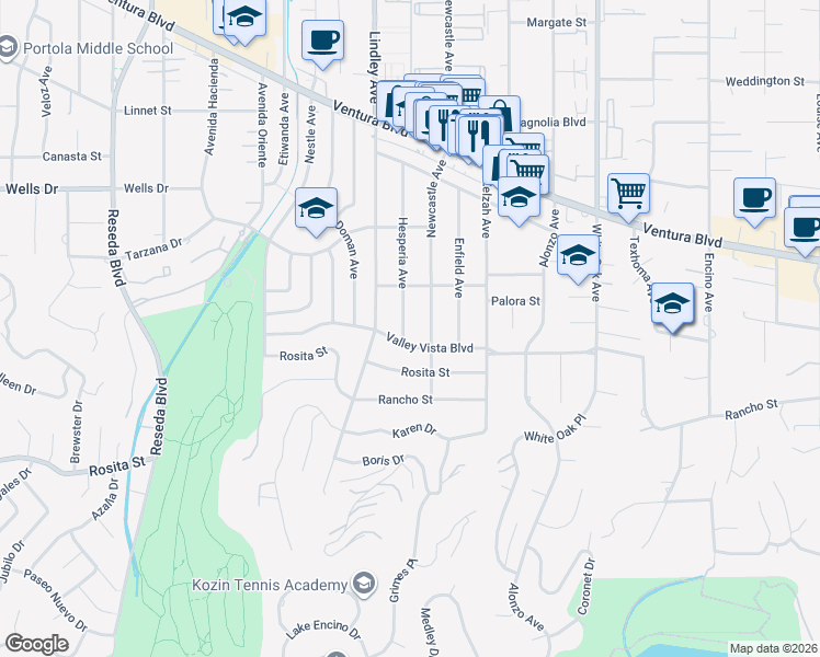 map of restaurants, bars, coffee shops, grocery stores, and more near 18010 Valley Vista Boulevard in Los Angeles
