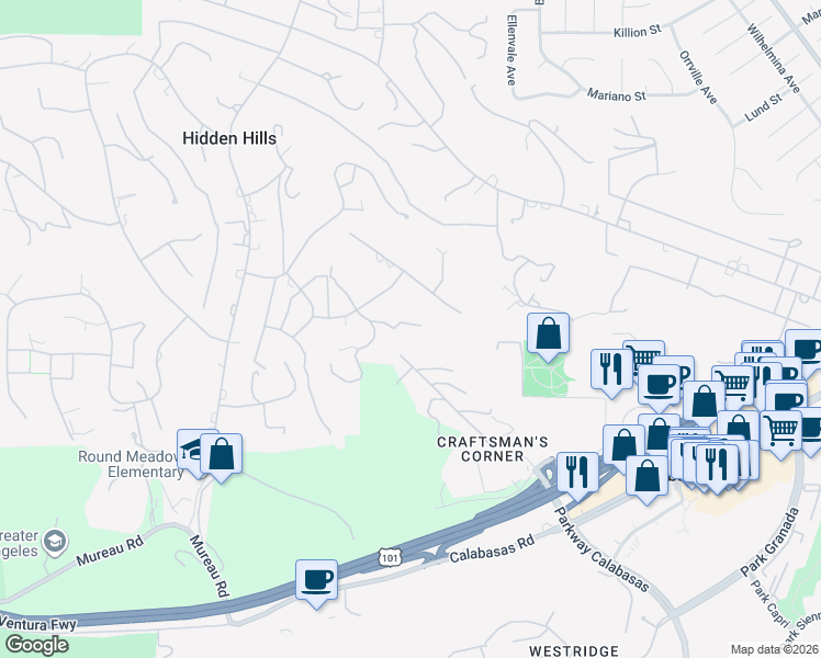 map of restaurants, bars, coffee shops, grocery stores, and more near 5192 Parkway Calabasas in Calabasas