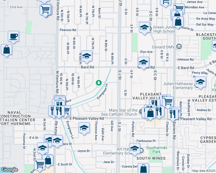 map of restaurants, bars, coffee shops, grocery stores, and more near 1021 Gill Avenue in Port Hueneme