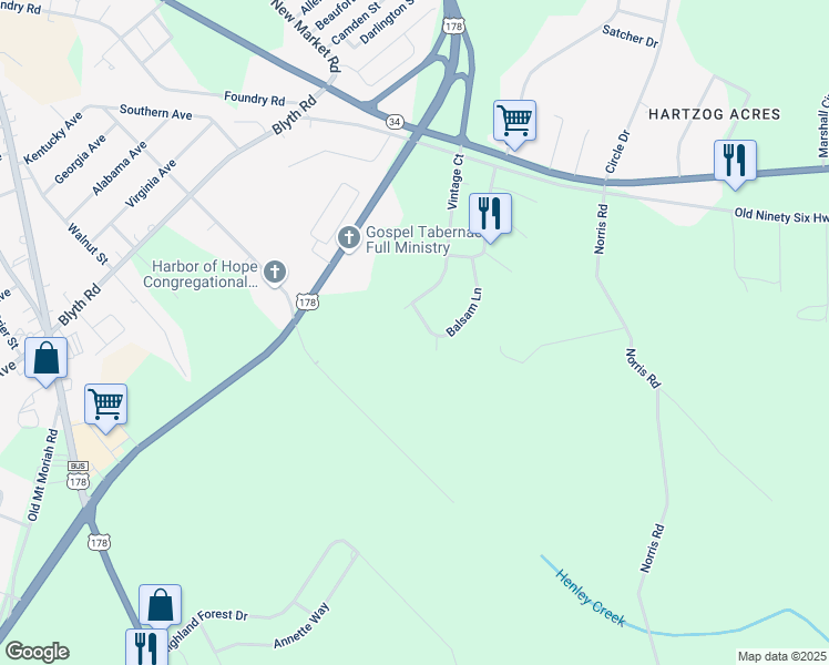 map of restaurants, bars, coffee shops, grocery stores, and more near 108 Balsam Lane in Greenwood