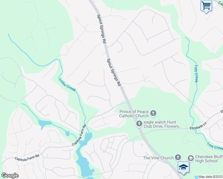 map of restaurants, bars, coffee shops, grocery stores, and more near 6434 Mossy Boulder Drive in Flowery Branch