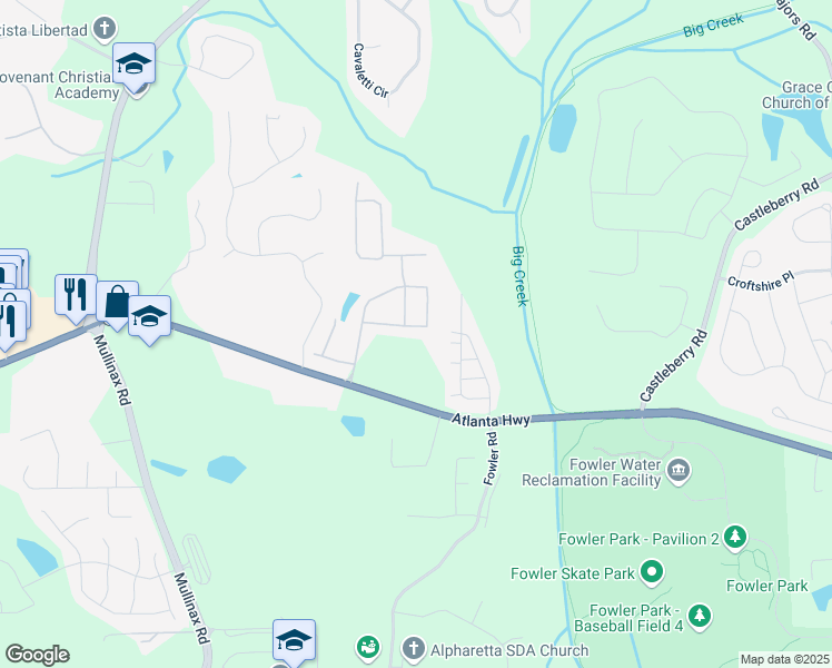 map of restaurants, bars, coffee shops, grocery stores, and more near 4940 Breezewood Circle in Alpharetta
