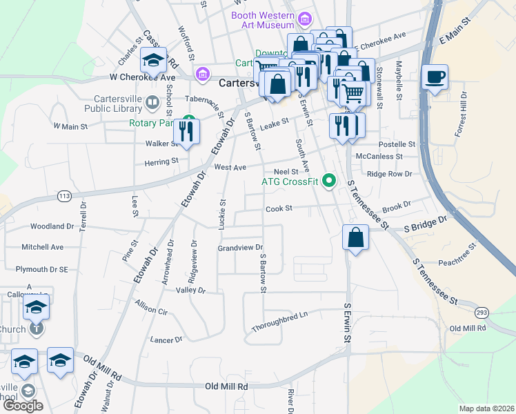 map of restaurants, bars, coffee shops, grocery stores, and more near 7 Boatner Avenue in Cartersville
