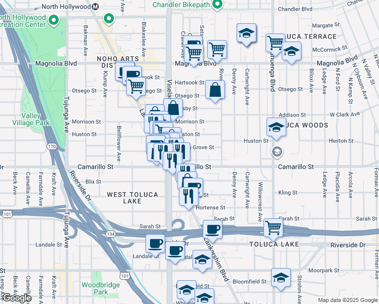 map of restaurants, bars, coffee shops, grocery stores, and more near 10916 Peach Grove Street in Los Angeles