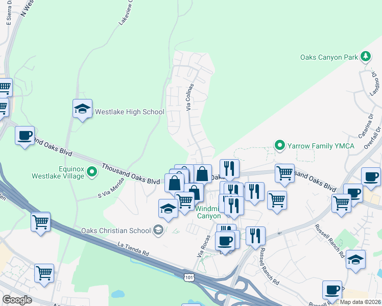 map of restaurants, bars, coffee shops, grocery stores, and more near 177 Via Colinas in Westlake Village