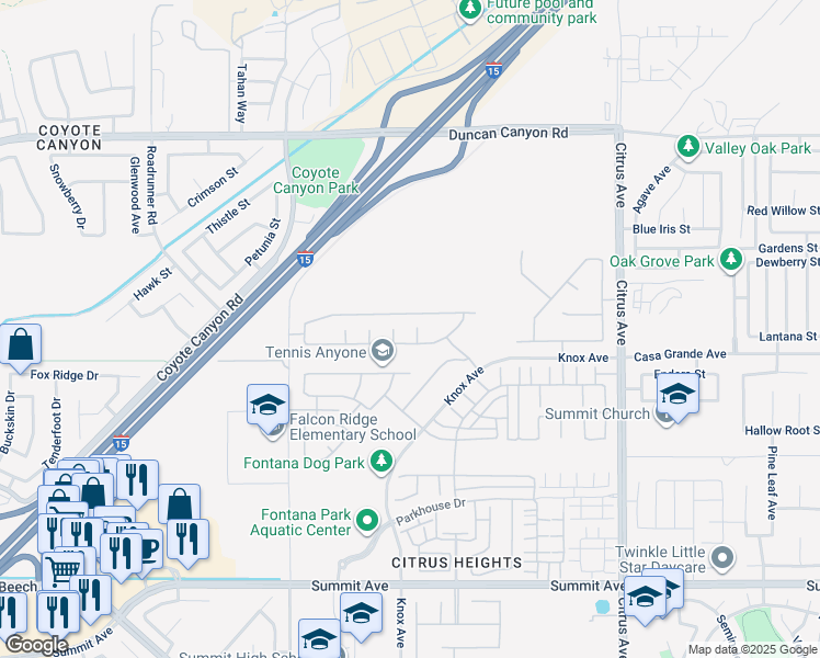 map of restaurants, bars, coffee shops, grocery stores, and more near 5242 Hayes Court in Fontana