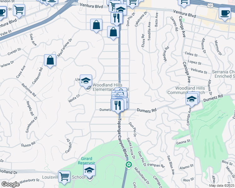 map of restaurants, bars, coffee shops, grocery stores, and more near 4965 Topanga Canyon Boulevard in Los Angeles