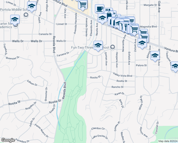 map of restaurants, bars, coffee shops, grocery stores, and more near 18267 Valley Vista Boulevard in Los Angeles
