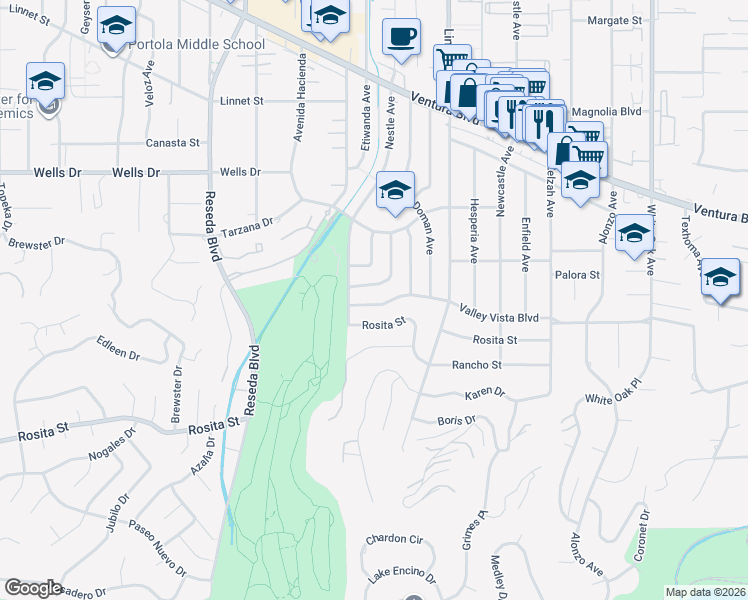 map of restaurants, bars, coffee shops, grocery stores, and more near 18245 Valley Vista Boulevard in Los Angeles