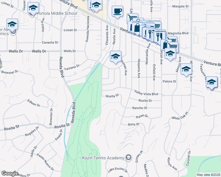 map of restaurants, bars, coffee shops, grocery stores, and more near 18237 Valley Vista Boulevard in Los Angeles