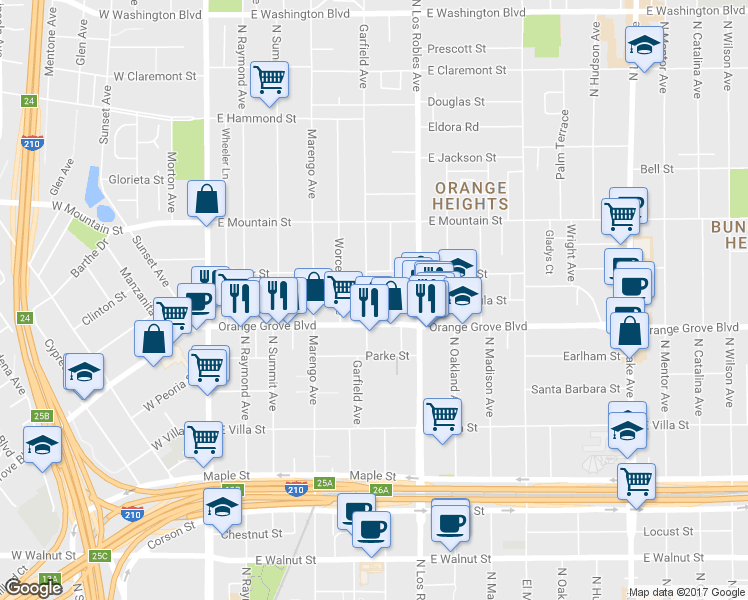 map of restaurants, bars, coffee shops, grocery stores, and more near 746 Garfield Avenue in Pasadena