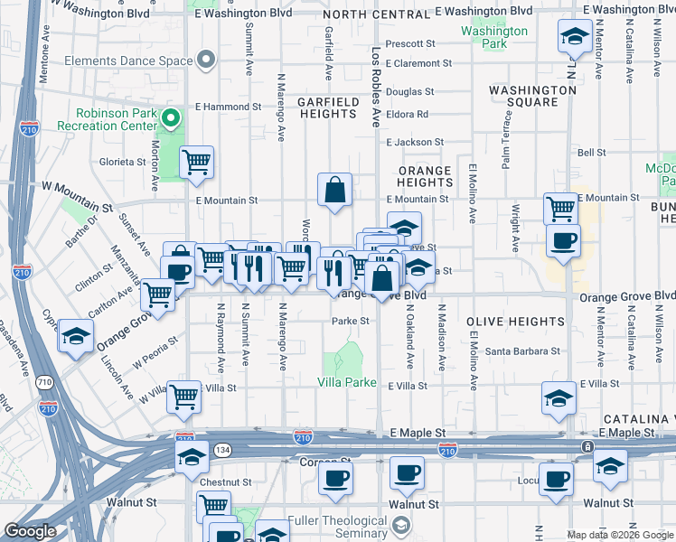 map of restaurants, bars, coffee shops, grocery stores, and more near 746 Garfield Avenue in Pasadena