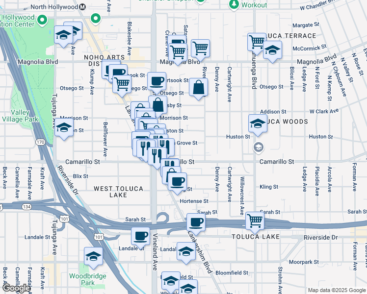 map of restaurants, bars, coffee shops, grocery stores, and more near 4840 Cleon Avenue in Los Angeles