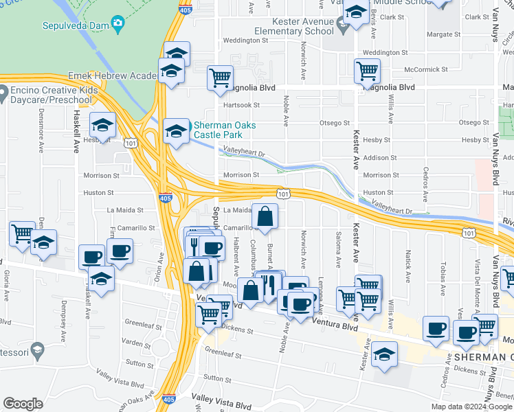 map of restaurants, bars, coffee shops, grocery stores, and more near 15153 La Maida Street in Los Angeles