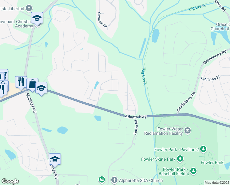 map of restaurants, bars, coffee shops, grocery stores, and more near 4940 Breezewood Circle in Alpharetta