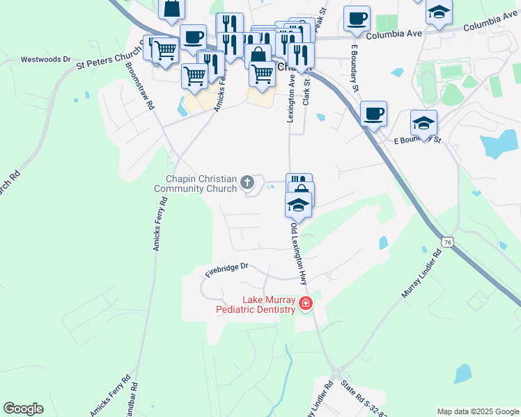 map of restaurants, bars, coffee shops, grocery stores, and more near 119 West Horn Court in Chapin