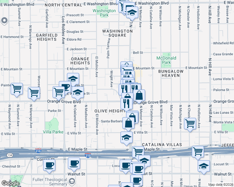map of restaurants, bars, coffee shops, grocery stores, and more near 784 Elmira Street in Pasadena