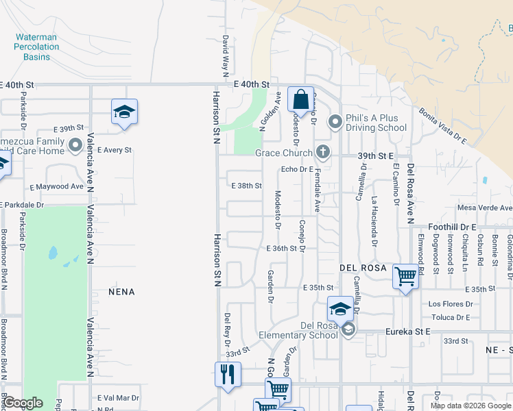 map of restaurants, bars, coffee shops, grocery stores, and more near 1189 Mesa Verde Avenue East in San Bernardino
