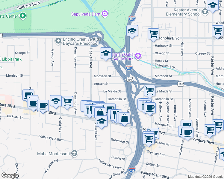 map of restaurants, bars, coffee shops, grocery stores, and more near 15473 La Maida Street in Los Angeles