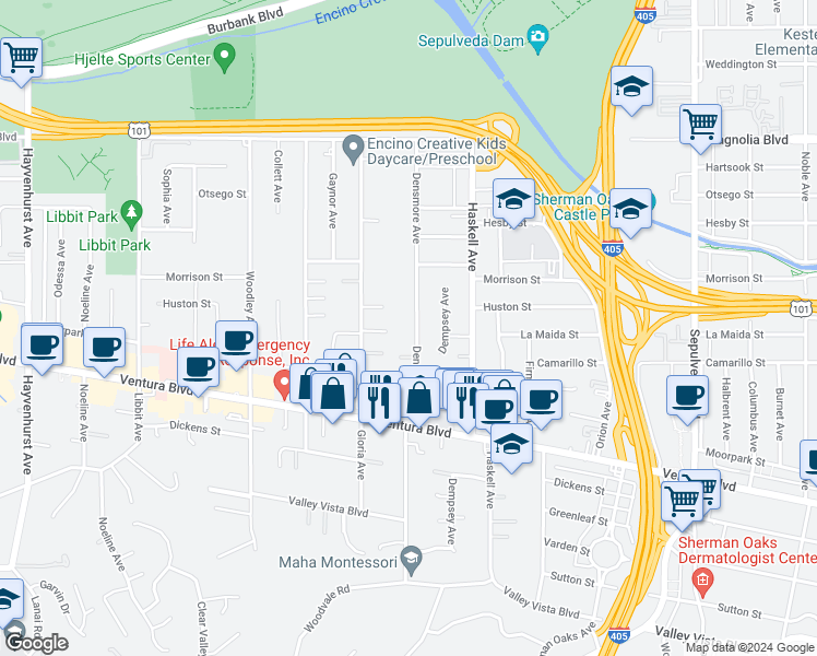 map of restaurants, bars, coffee shops, grocery stores, and more near 4915 Densmore Avenue in Los Angeles