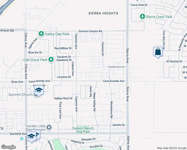 map of restaurants, bars, coffee shops, grocery stores, and more near 16502 Casa Grande Avenue in Fontana