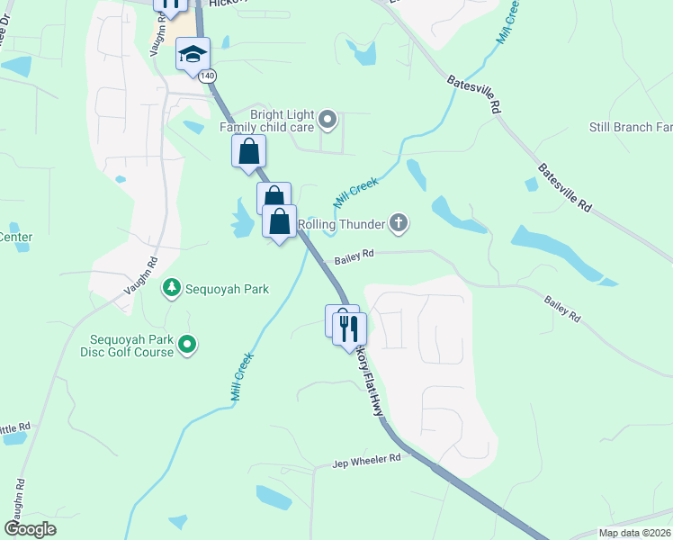 map of restaurants, bars, coffee shops, grocery stores, and more near 7675 Hickory Flat Highway in Woodstock