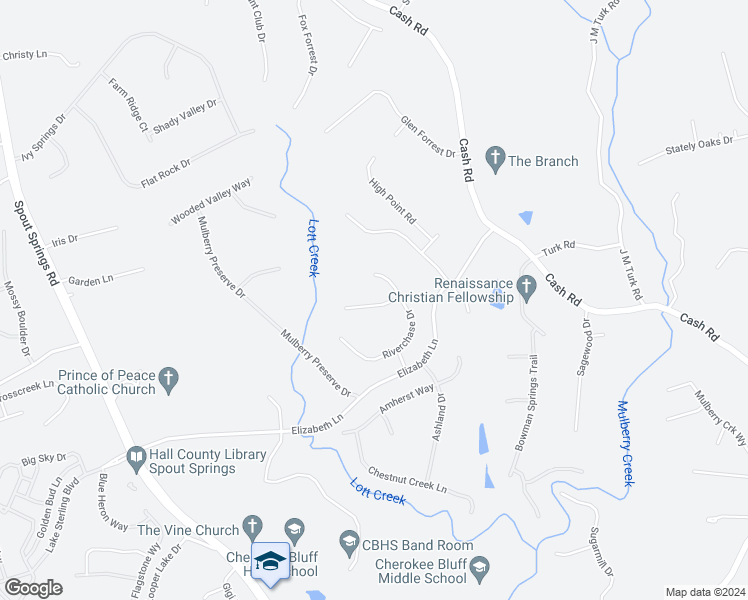 map of restaurants, bars, coffee shops, grocery stores, and more near 5516 Rolling Mist Court in Flowery Branch