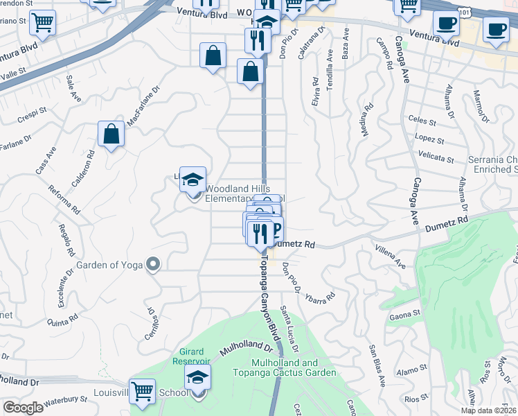 map of restaurants, bars, coffee shops, grocery stores, and more near 4965 Topanga Canyon Boulevard in Los Angeles